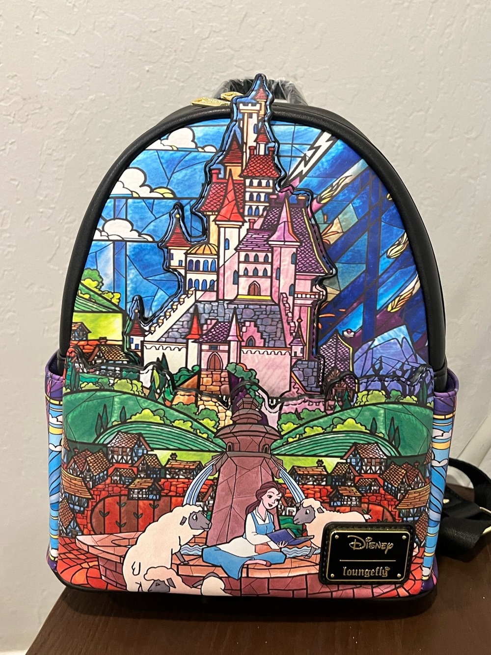 Disney Loungefly Beauty and the Beast Stained Glass Castle Print Mini Backpack